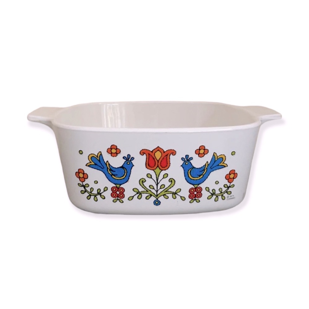 Vintage 70s Corningware Country Festival Baking Dish - birds floral friendship